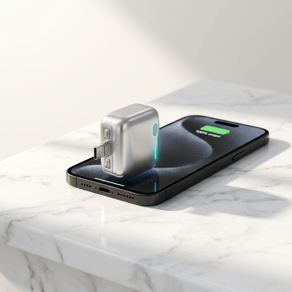 iPhone displaying 100% battery connected to Noxvy charger on marble surface